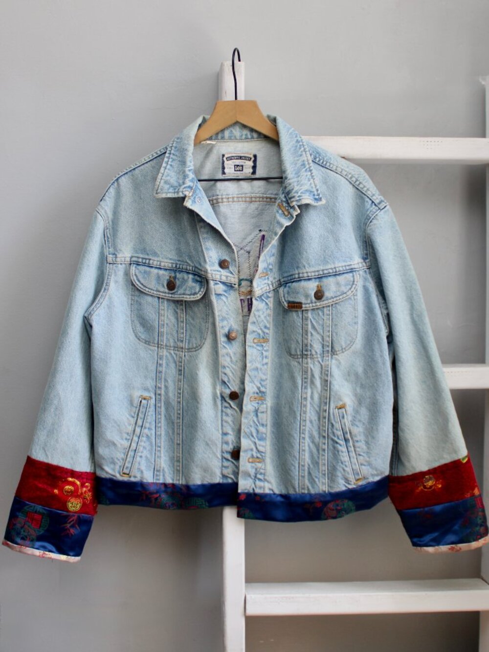 Lee Vintage 90's Custom Upcycled Boho Blue Denim Oversize Jean Jacket sz Large